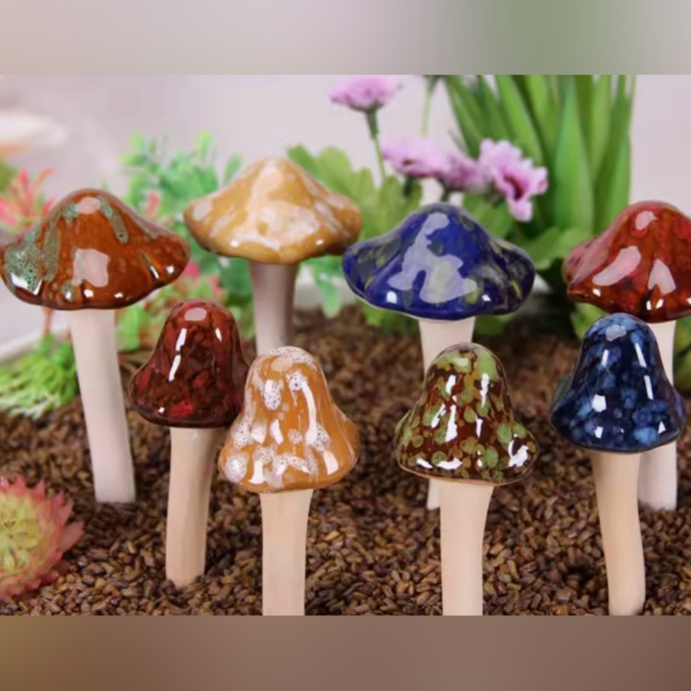 Colorful Ceramic hand made Mushrooms set of 8 well packaged; colors vary! New!